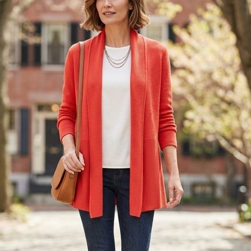 Talbots Womens Red Open Front Shawl Collar Cardigan Sweater Large Cotton Rayon